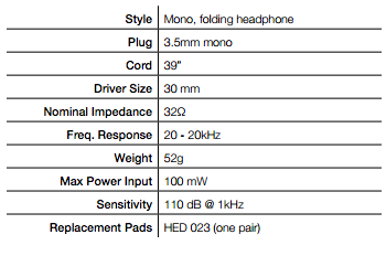 HED 021 Headphone Specifications